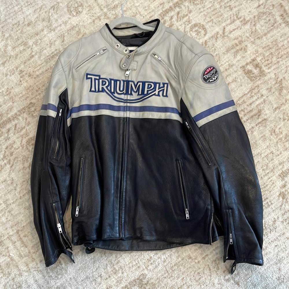 Triumph Leather Riding Jacket.  New condition.  Size 52 US.  XXL size.  W/ Armor